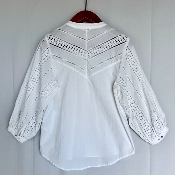 Maye The Fleur Cotton White Eyelet Embroidered 3/4 Ballon Sleeve Blouse Small - Picture 7 of 14